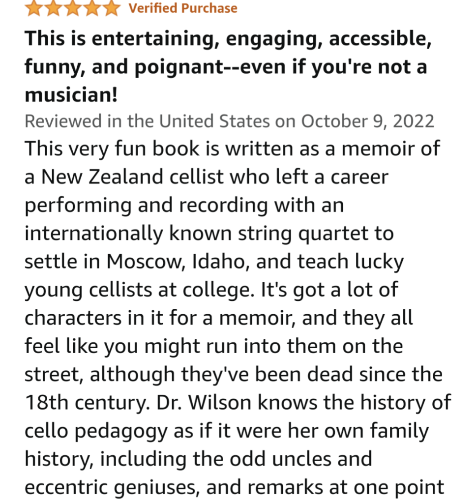 A glowing reader review highlighting the engaging and entertaining nature of a memoir about a New Zealand cellist's career and teaching.